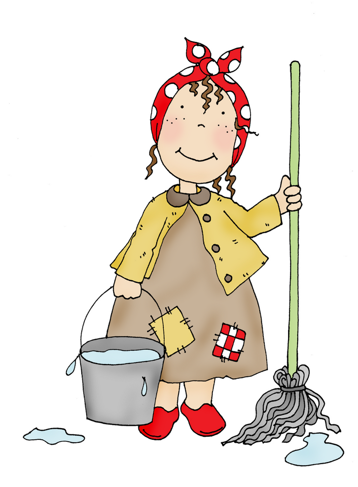 Cleaning lady with mop & bucket ,red spotted headscarf 