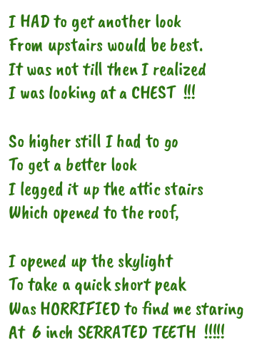 poem .I go upstairs for better view. Look out .look out window,see a chest. Go to attic see 6" serated teeth. .see 6" serrated teeth