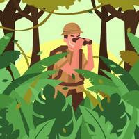 Explorer in jungle looking through binoculars