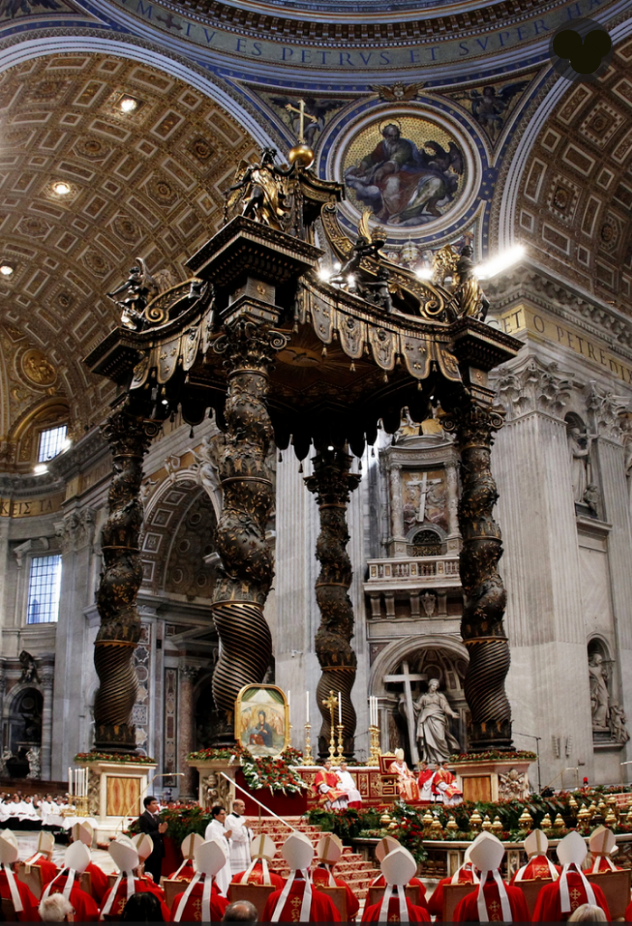 inside Vatican ,black twisted throne ,with cardinals in red & fish hats looking on