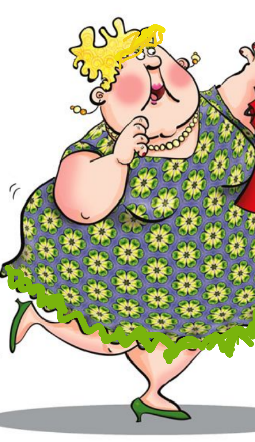 fat lady runniong. has yellow hair, green dress withyellow flowers green shoe