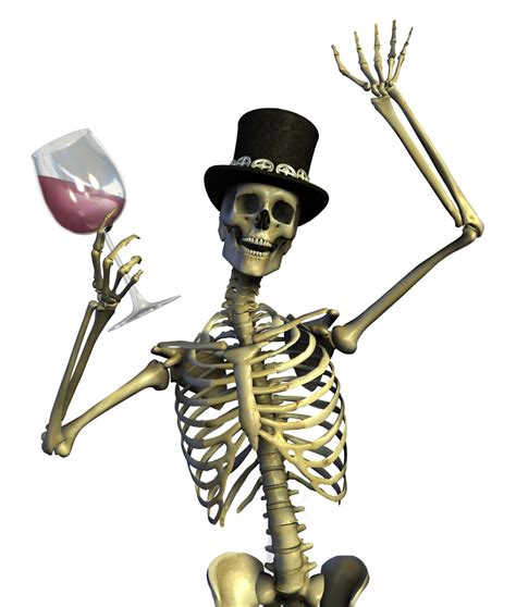 Partying skeleton smiling, waving,with glass of wine raised up