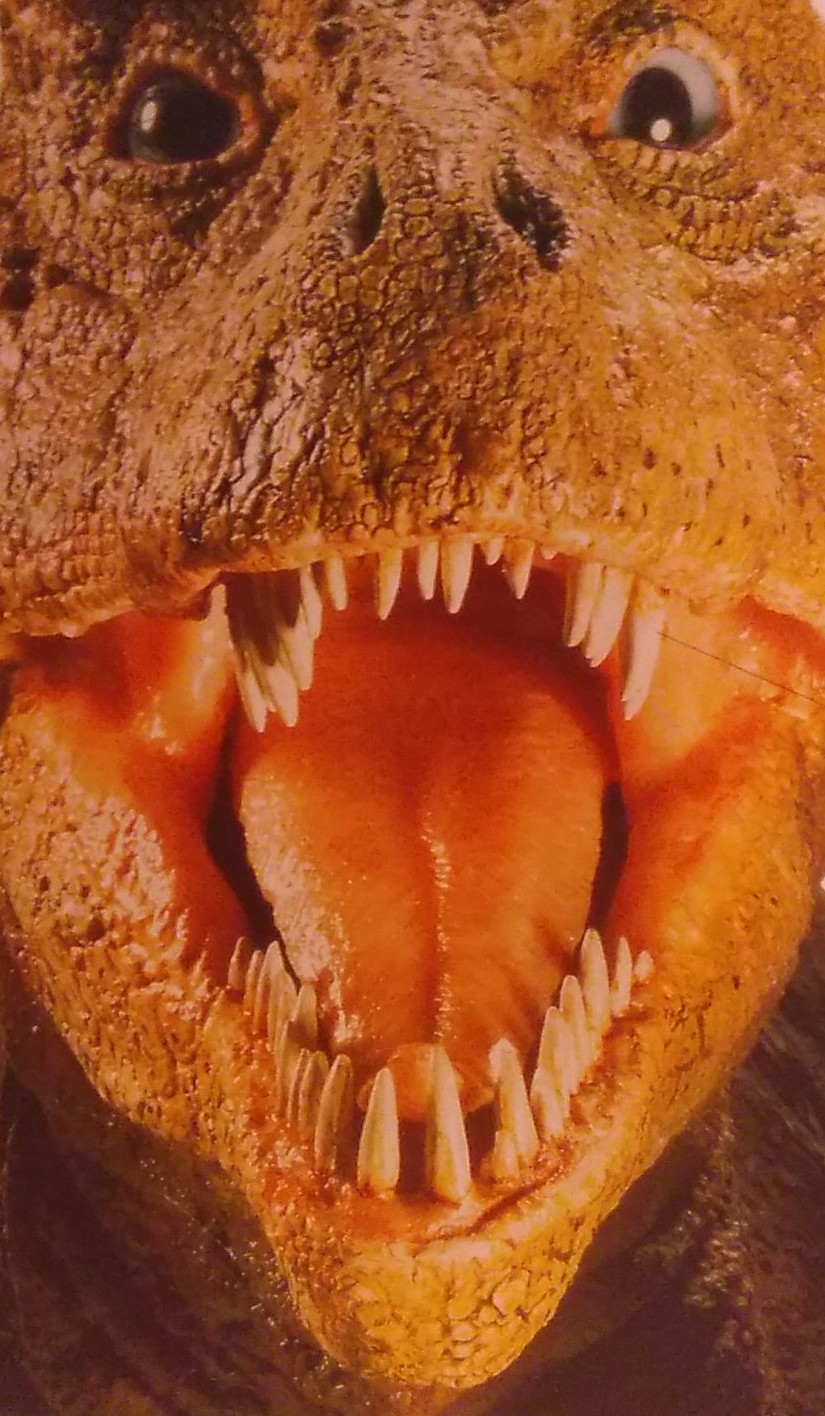 Close up of T Rex face, bobbly skin,eyes wide,mouth open sharp teeth